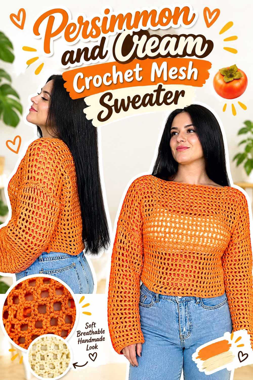 1. Persimmon And Cream Crochet Mesh Sweater