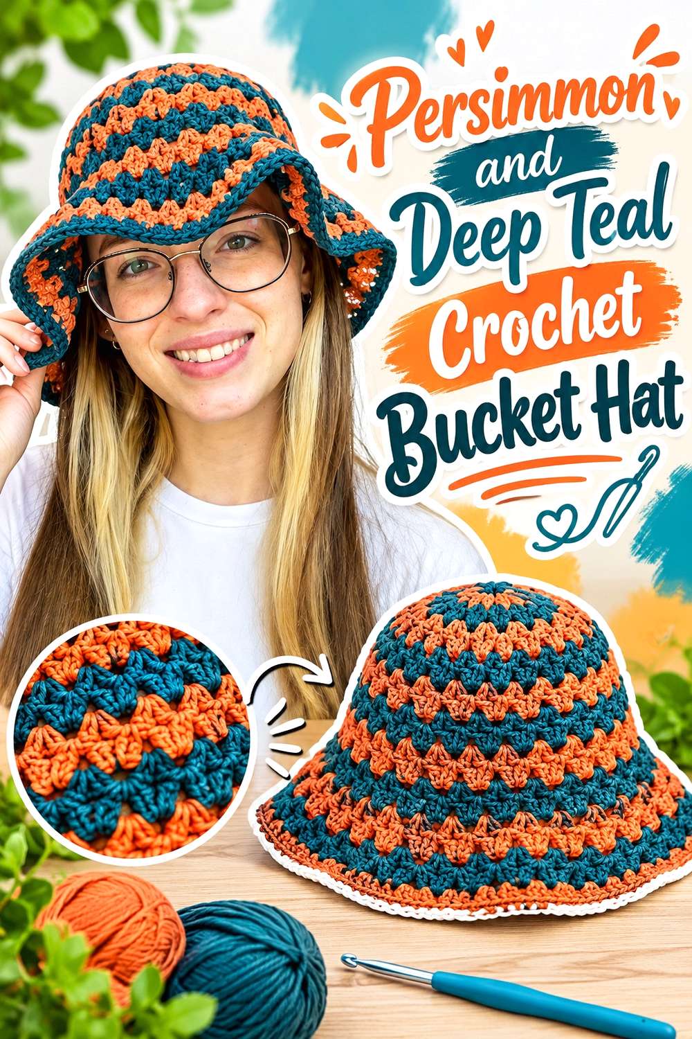 Persimmon and Deep Teal Crochet Bucket Hat