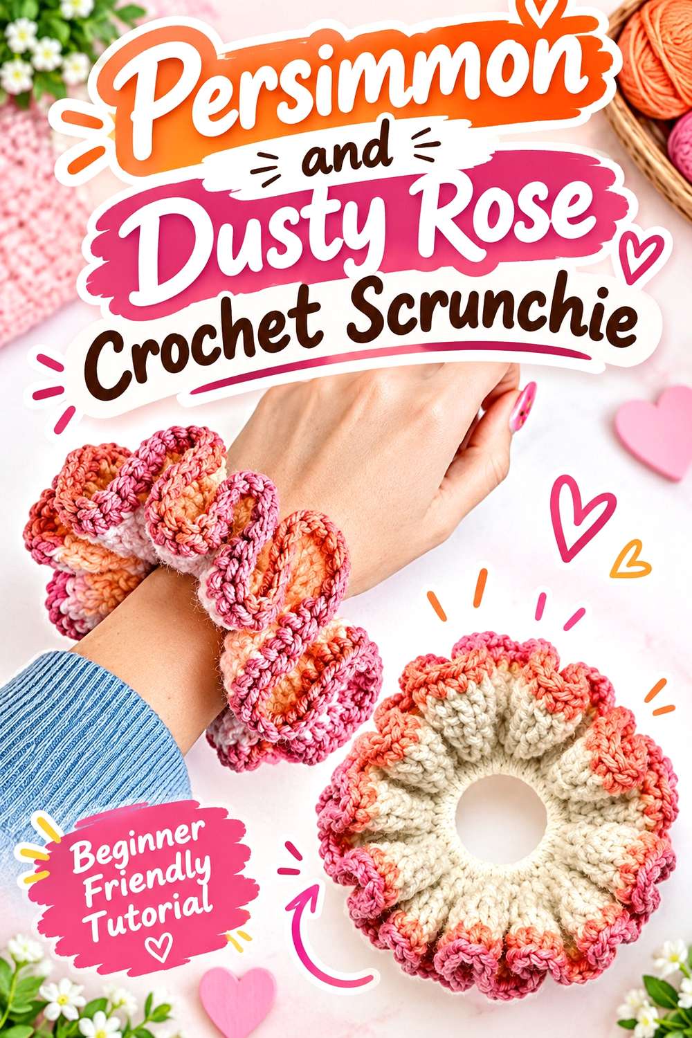Persimmon and Dusty Rose Crochet Scrunchie