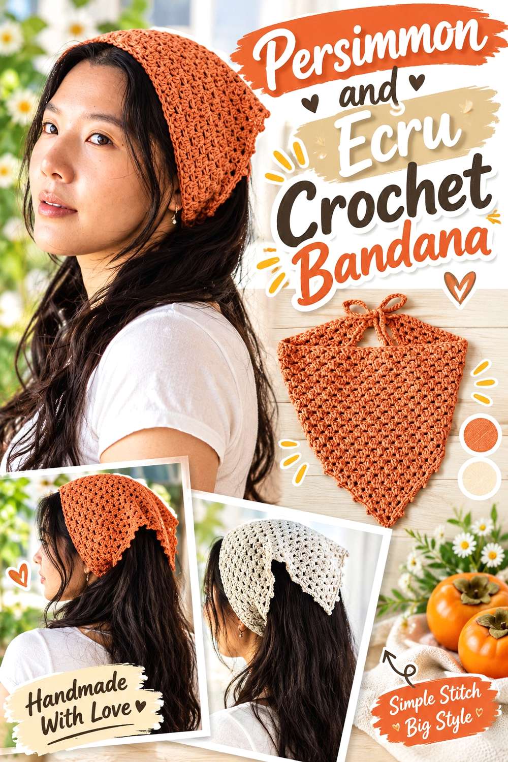 Persimmon and Ecru Crochet Bandana