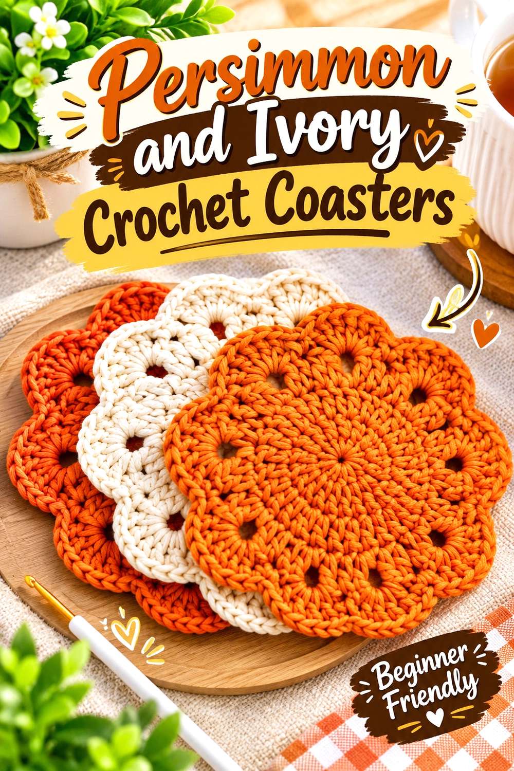 Persimmon and Ivory Crochet Coasters
