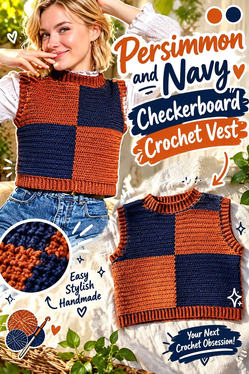 Persimmon and Navy Checkerboard Crochet Vest