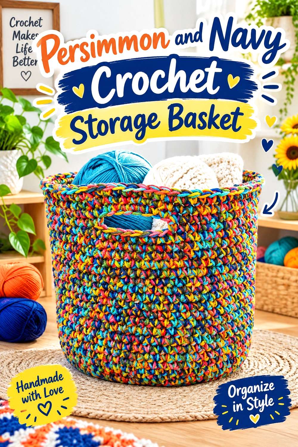 Persimmon and Navy Crochet Storage Basket