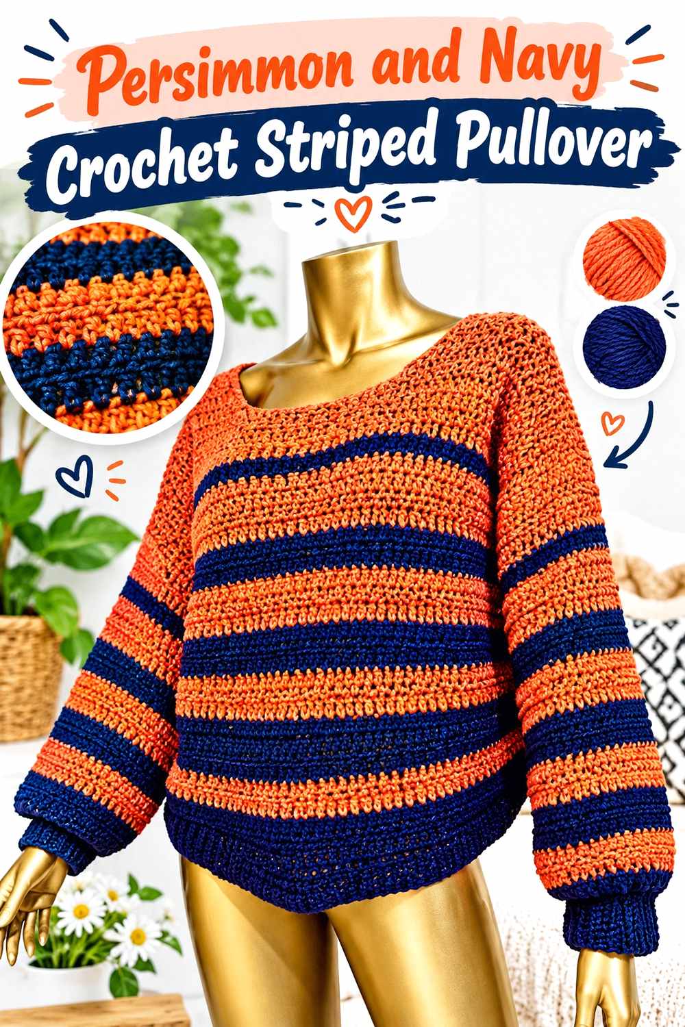 15. Persimmon And Navy Crochet Striped Pullover