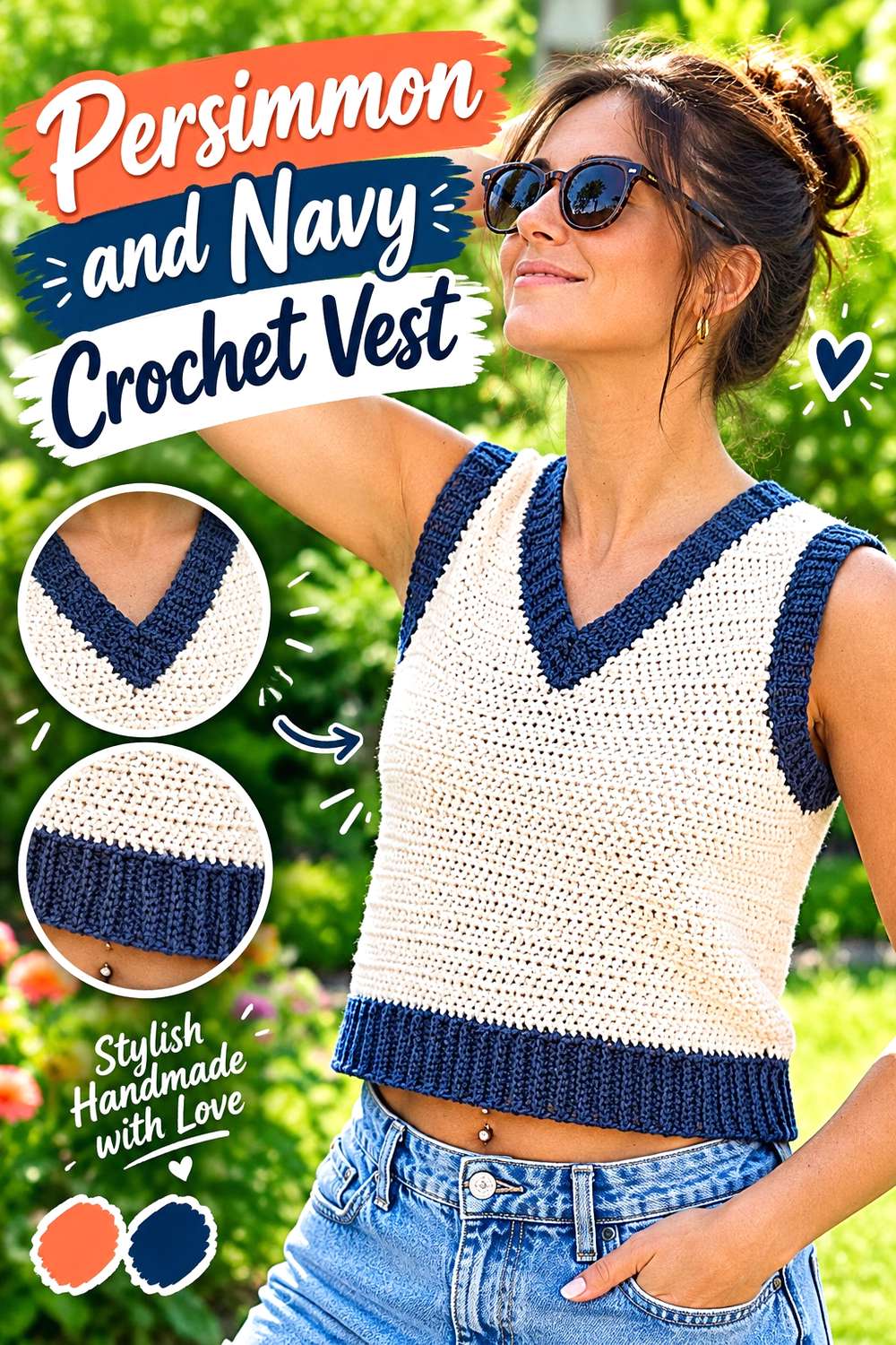 Persimmon and Navy Crochet Vest