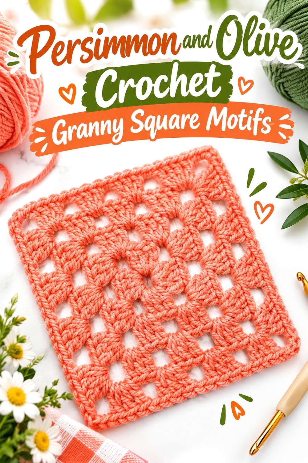 Persimmon and Olive Crochet Granny Square Motifs