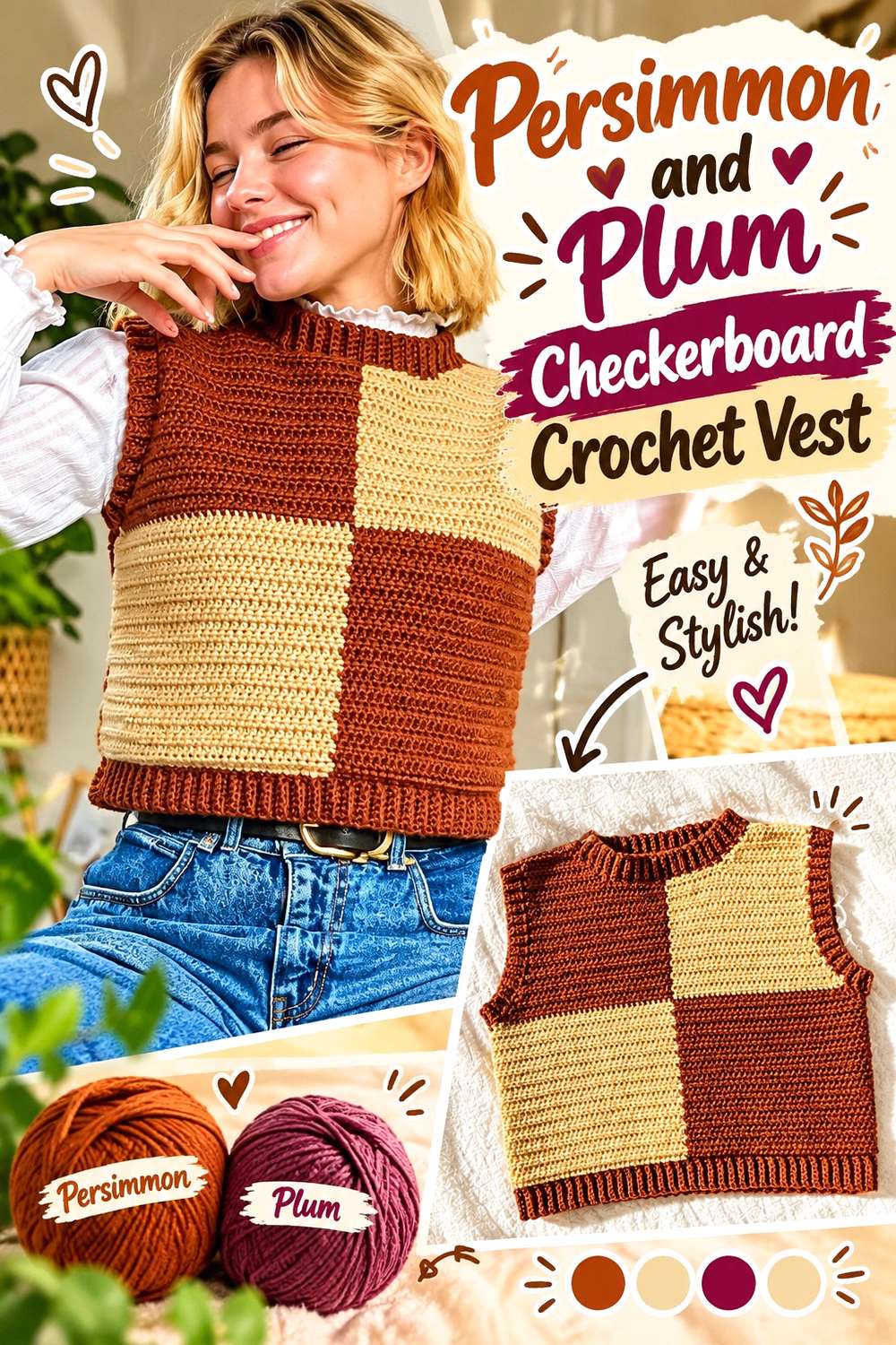Persimmon and Plum Checkerboard Crochet Vest