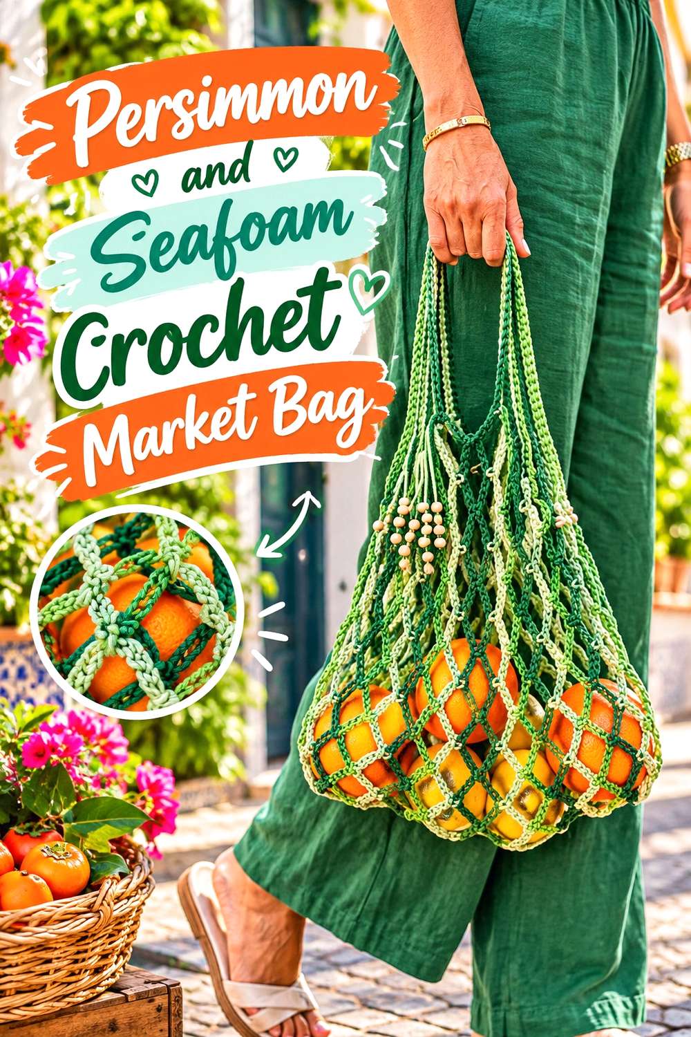 Persimmon and Seafoam Crochet Market Bag