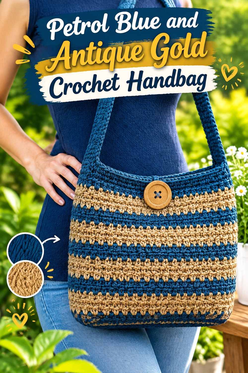 9. Petrol Blue And Antique Gold Crochet Handbag