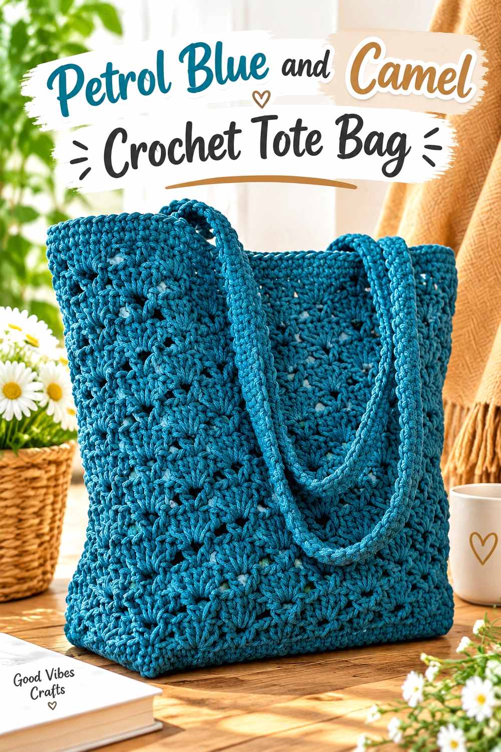 2. Petrol Blue And Camel Crochet Tote Bag