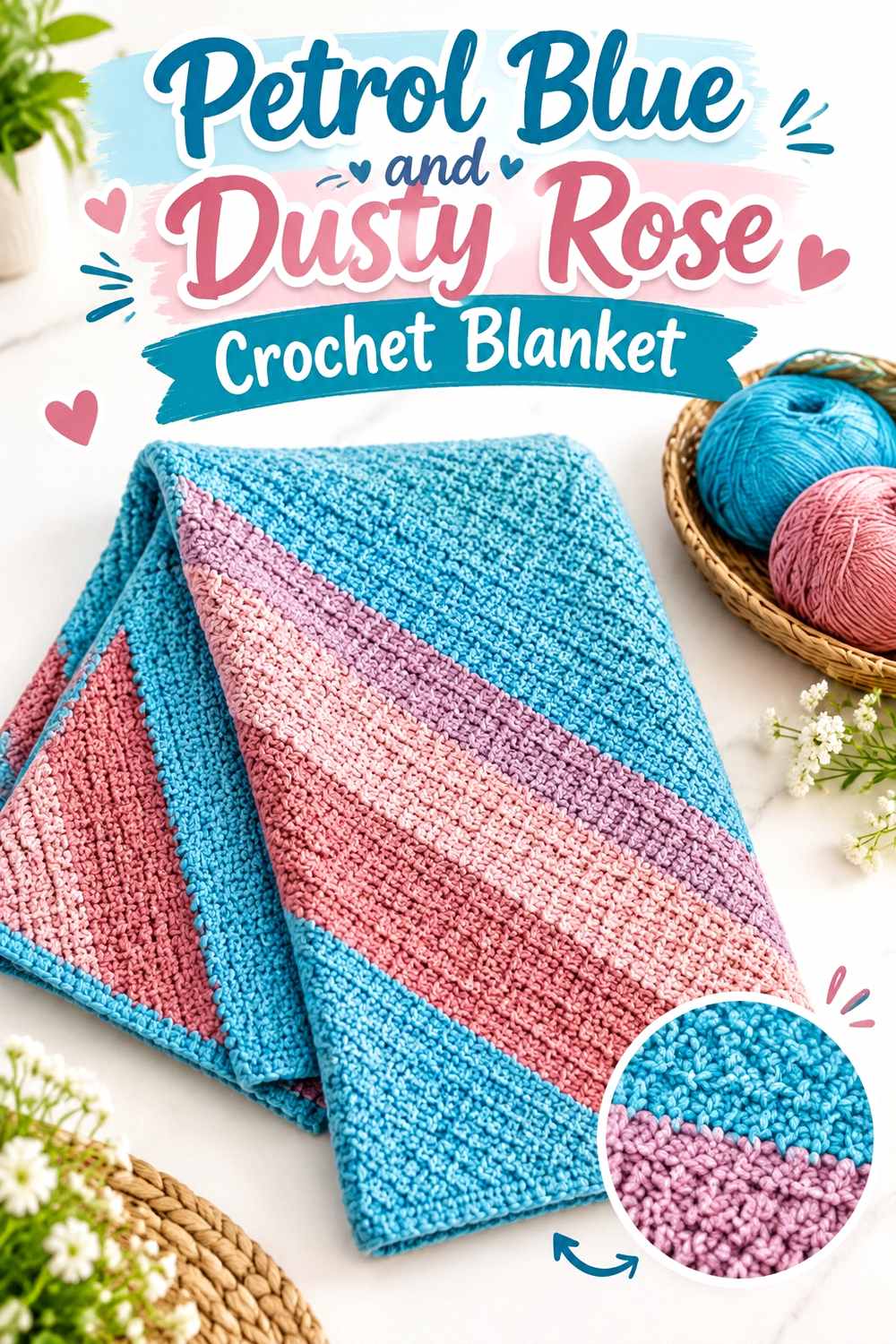4. Petrol Blue And Dusty Rose Crochet Blanket