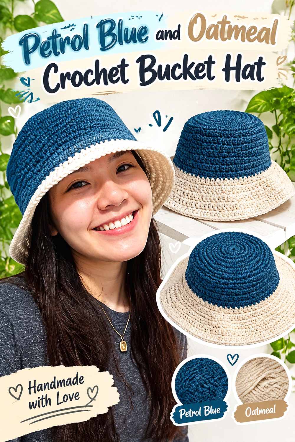 3. Petrol Blue And Oatmeal Crochet Bucket Hat