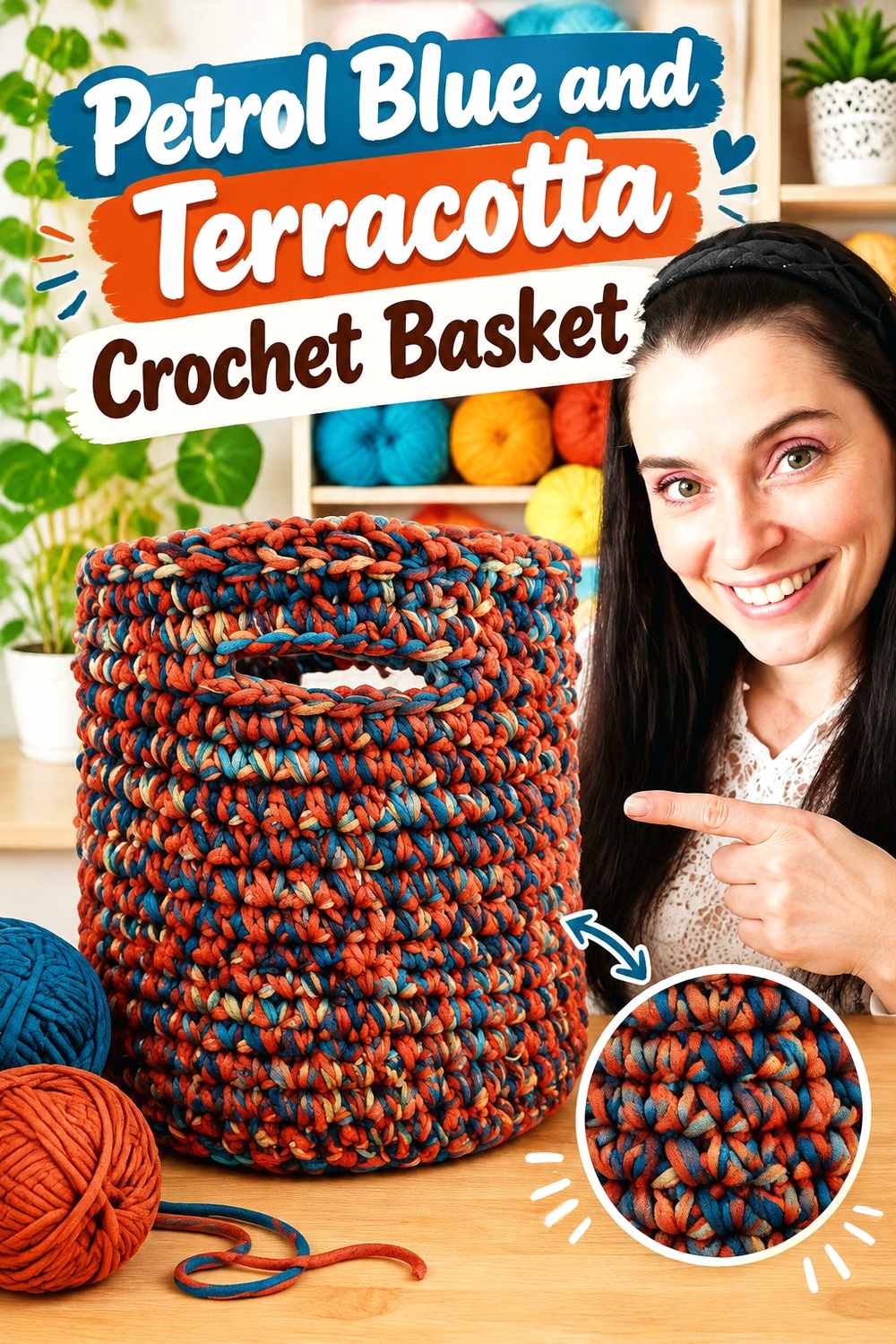 14. Petrol Blue And Terracotta Crochet Basket