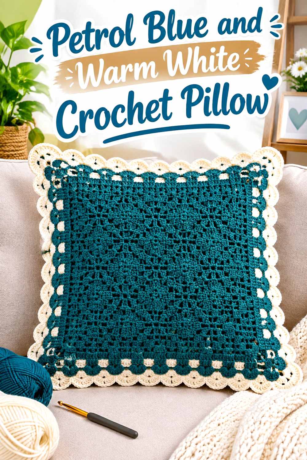 5. Petrol Blue And Warm White Crochet Pillow