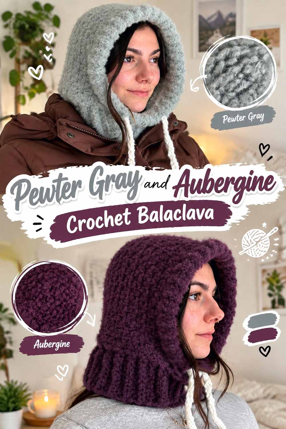 17. Pewter Gray And Aubergine Crochet Balaclava