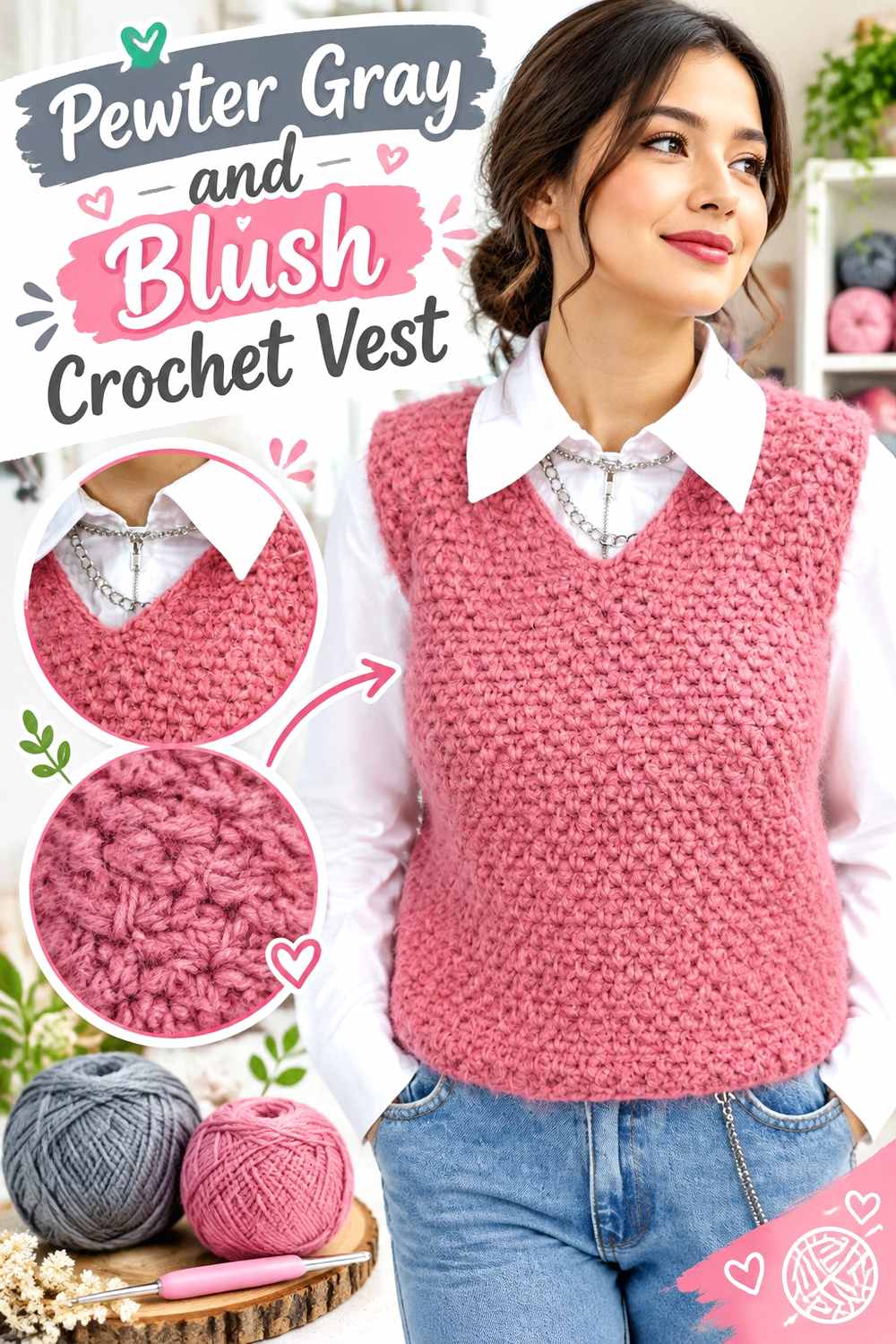 7. Pewter Gray And Blush Crochet Vest