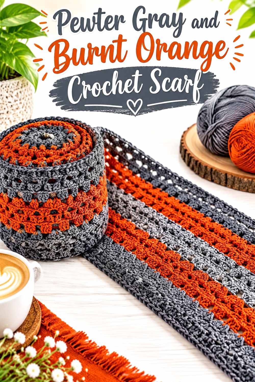 6. Pewter Gray And Burnt Orange Crochet Scarf