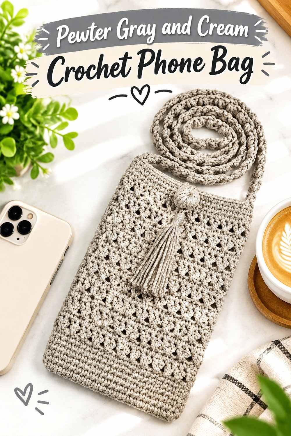 15. Pewter Gray And Cream Crochet Phone Bag