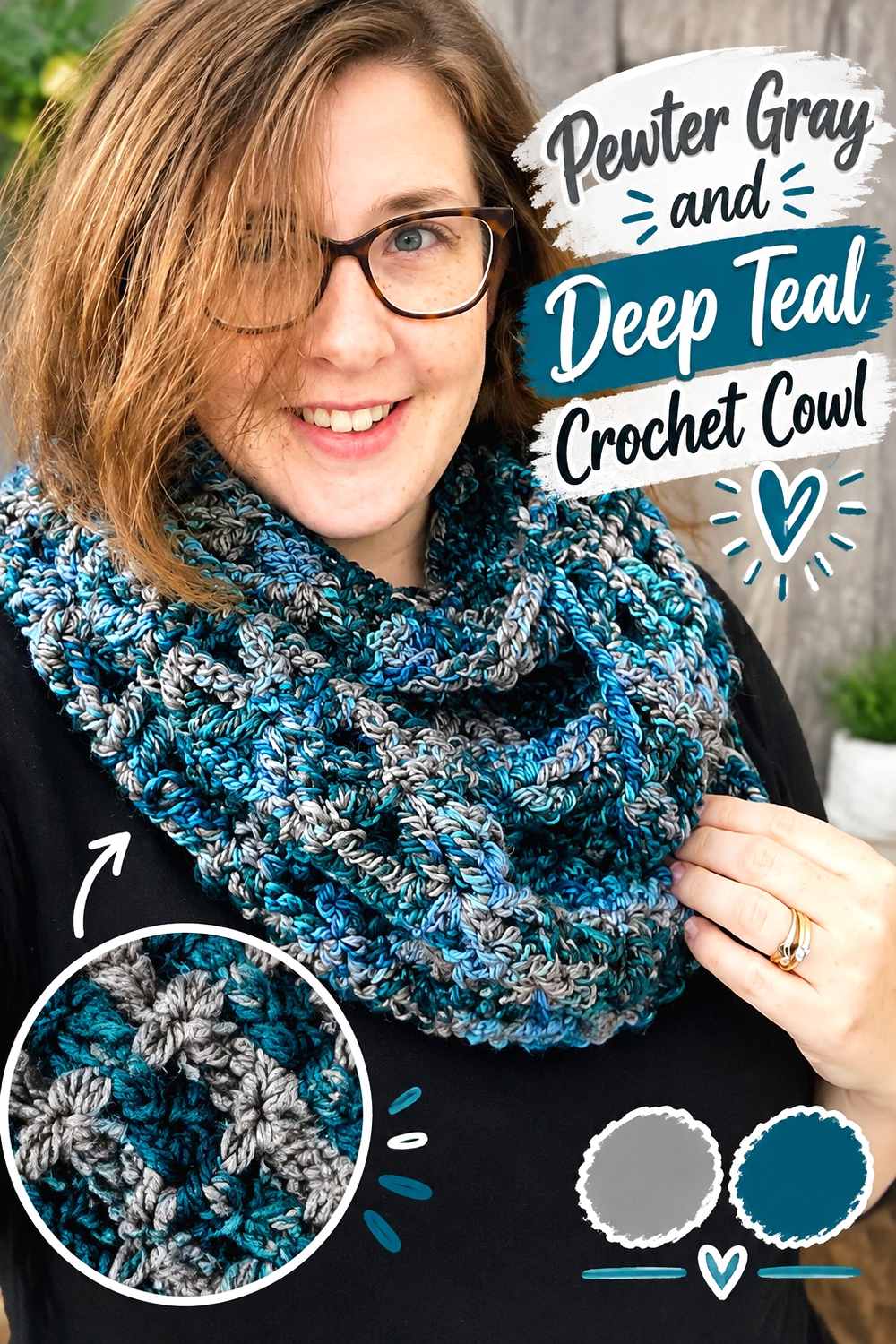 9. Pewter Gray And Deep Teal Crochet Cowl