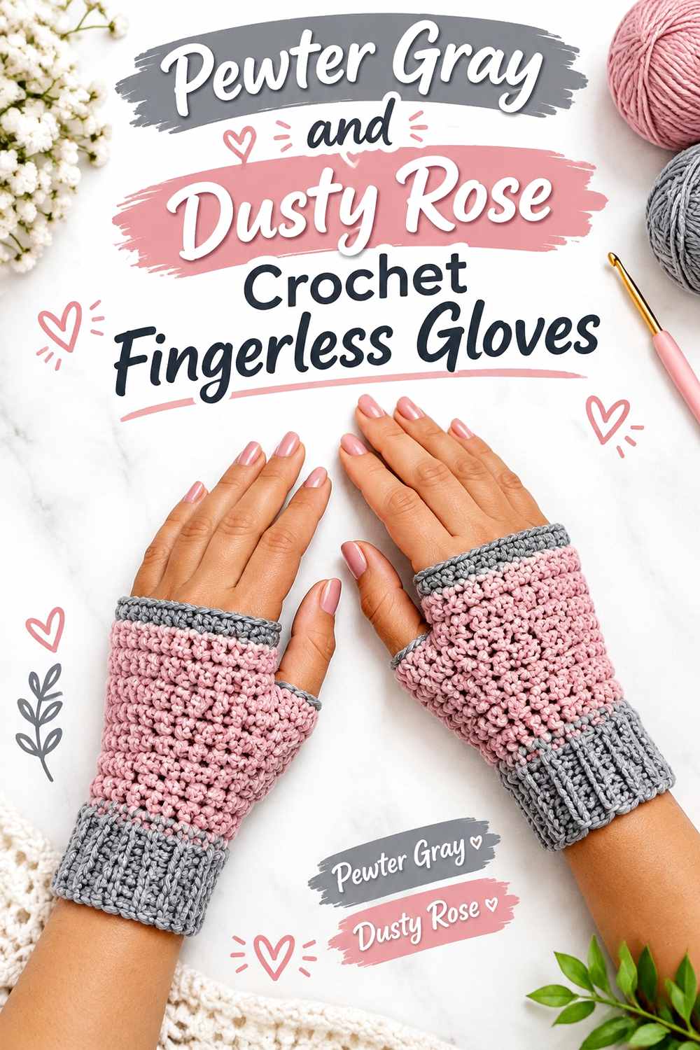 16. Pewter Gray And Dusty Rose Crochet Fingerless Gloves