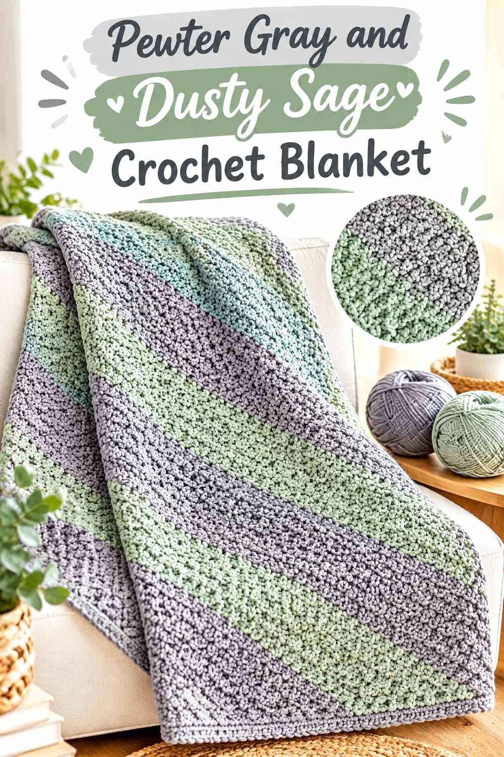 4. Pewter Gray And Dusty Sage Crochet Blanket