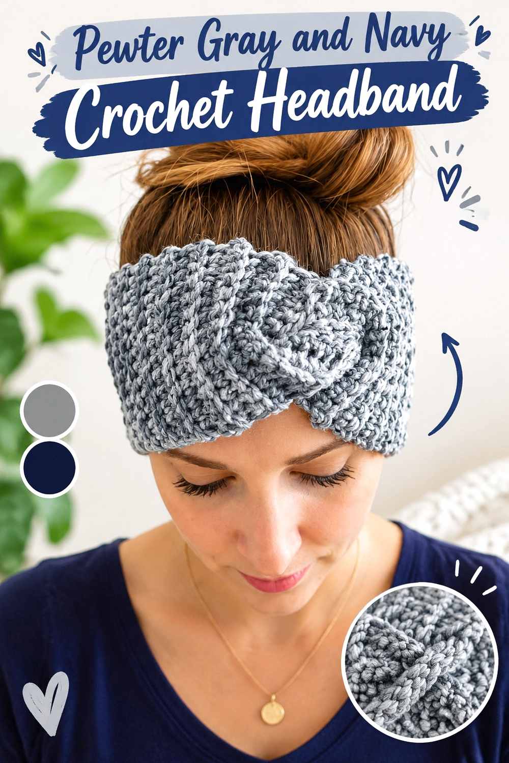 10. Pewter Gray And Navy Crochet Headband