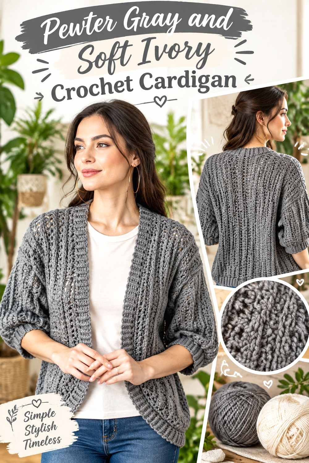 1. Pewter Gray And Soft Ivory Crochet Cardigan