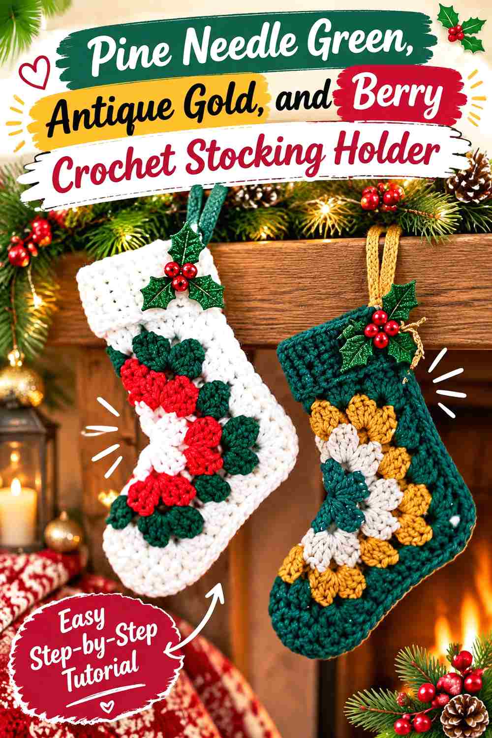 7. Pine Needle Green Antique Gold And Berry Crochet Stocking Holder