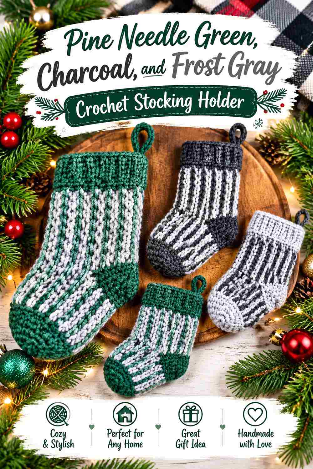 9. Pine Needle Green Charcoal And Frost Gray Crochet Stocking Holder