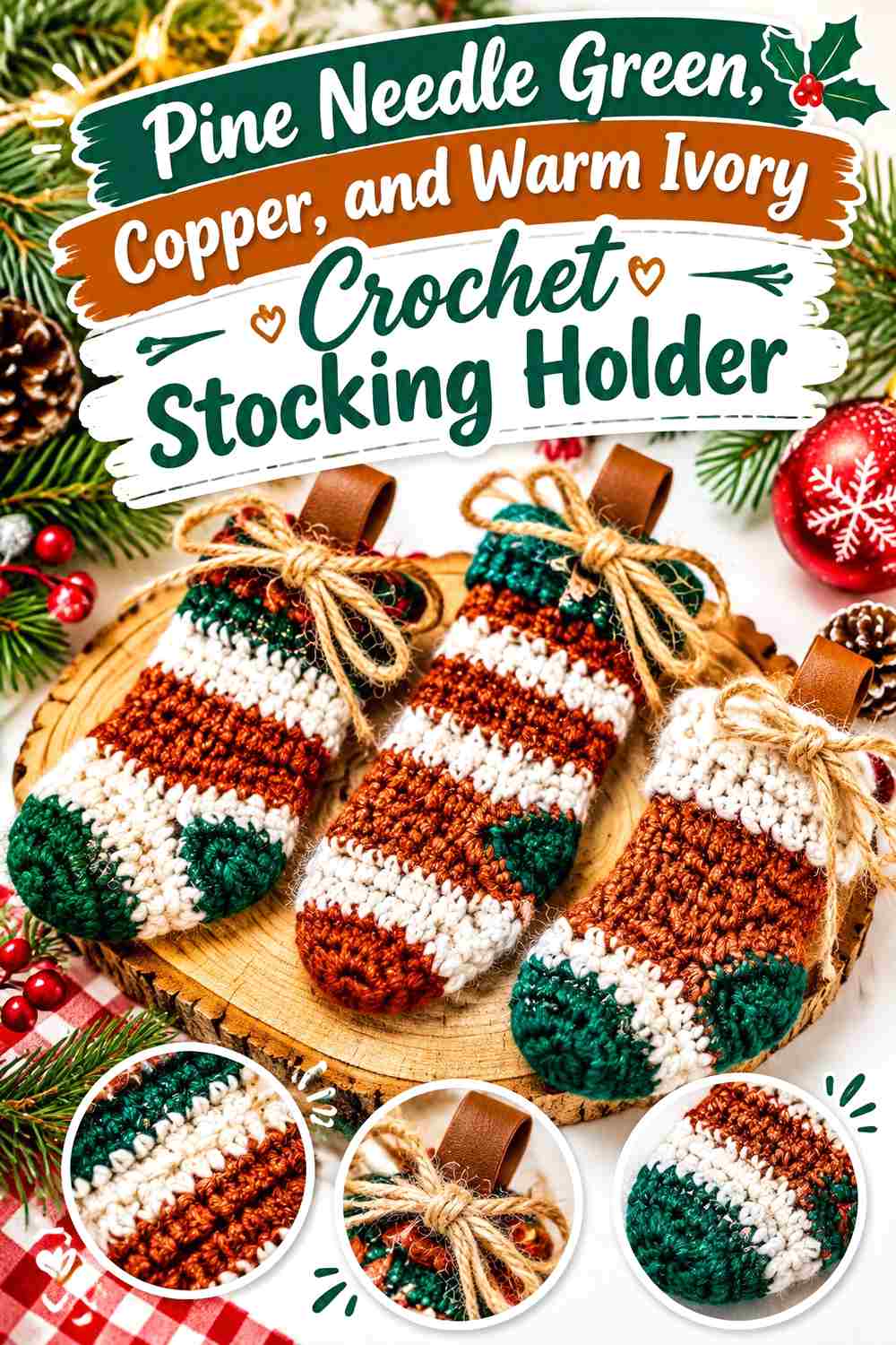 10. Pine Needle Green Copper And Warm Ivory Crochet Stocking Holder