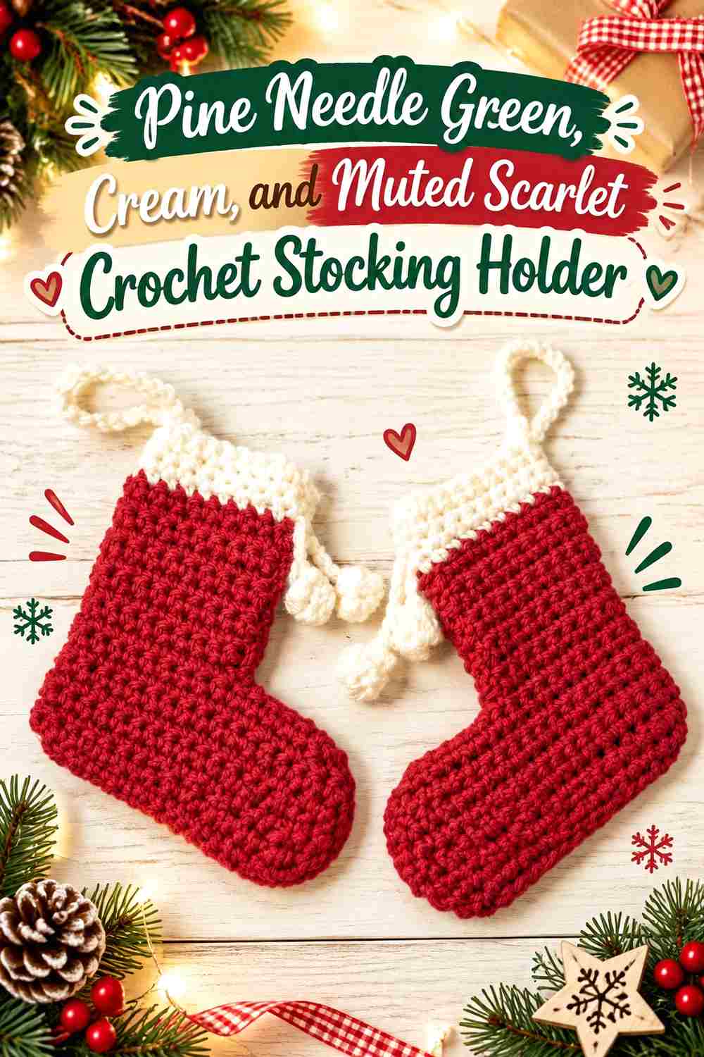5. Pine Needle Green Cream And Muted Scarlet Crochet Stocking Holder