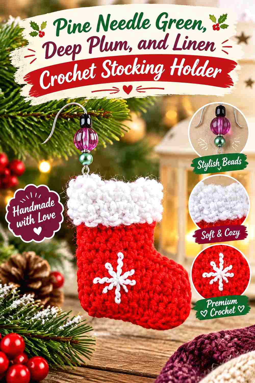 14. Pine Needle Green Deep Plum And Linen Crochet Stocking Holder