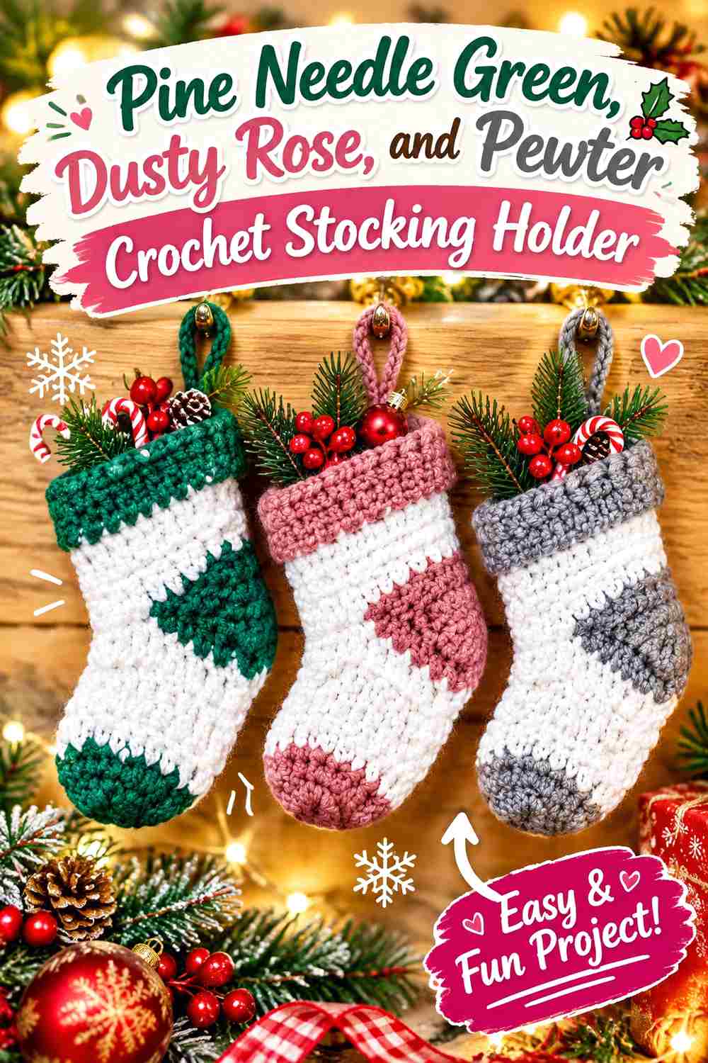13. Pine Needle Green Dusty Rose And Pewter Crochet Stocking Holder