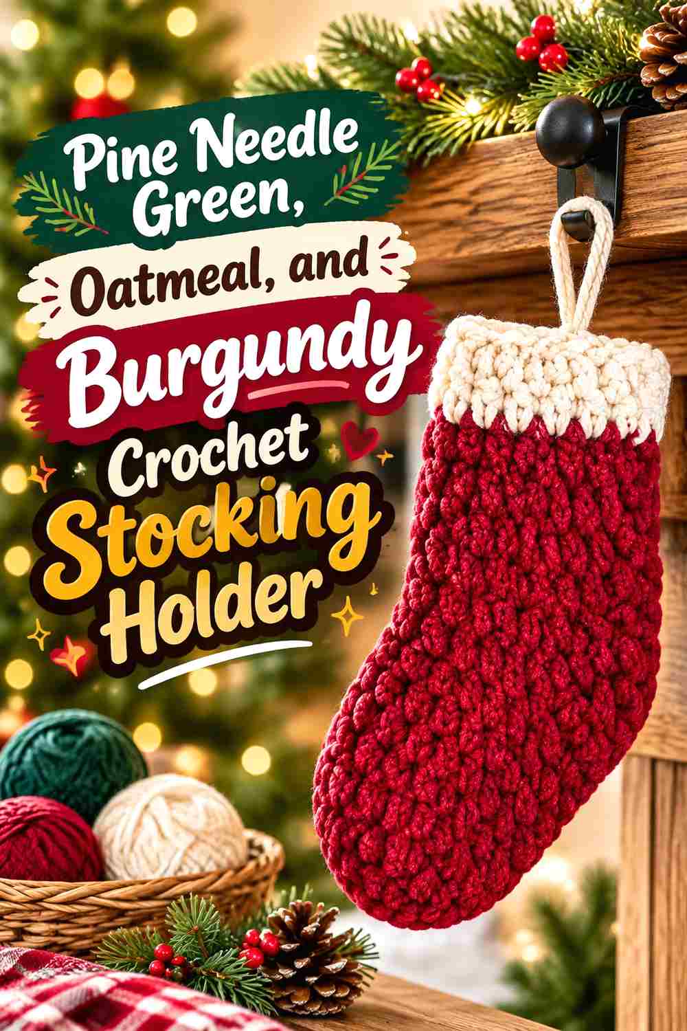 4. Pine Needle Green Oatmeal And Burgundy Crochet Stocking Holder