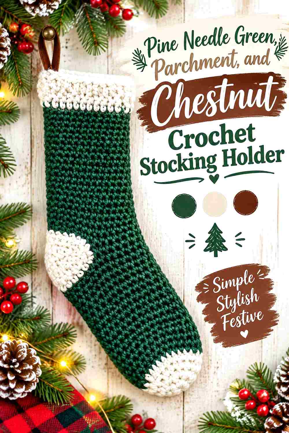 6. Pine Needle Green Parchment And Chestnut Crochet Stocking Holder