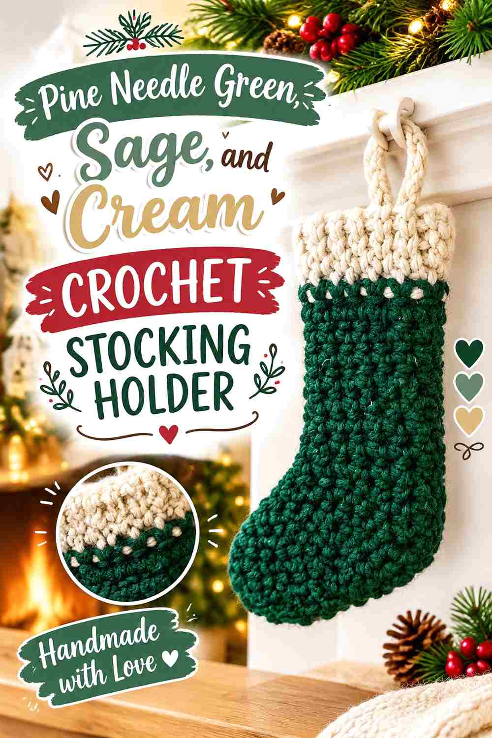 11. Pine Needle Green Sage And Cream Crochet Stocking Holder