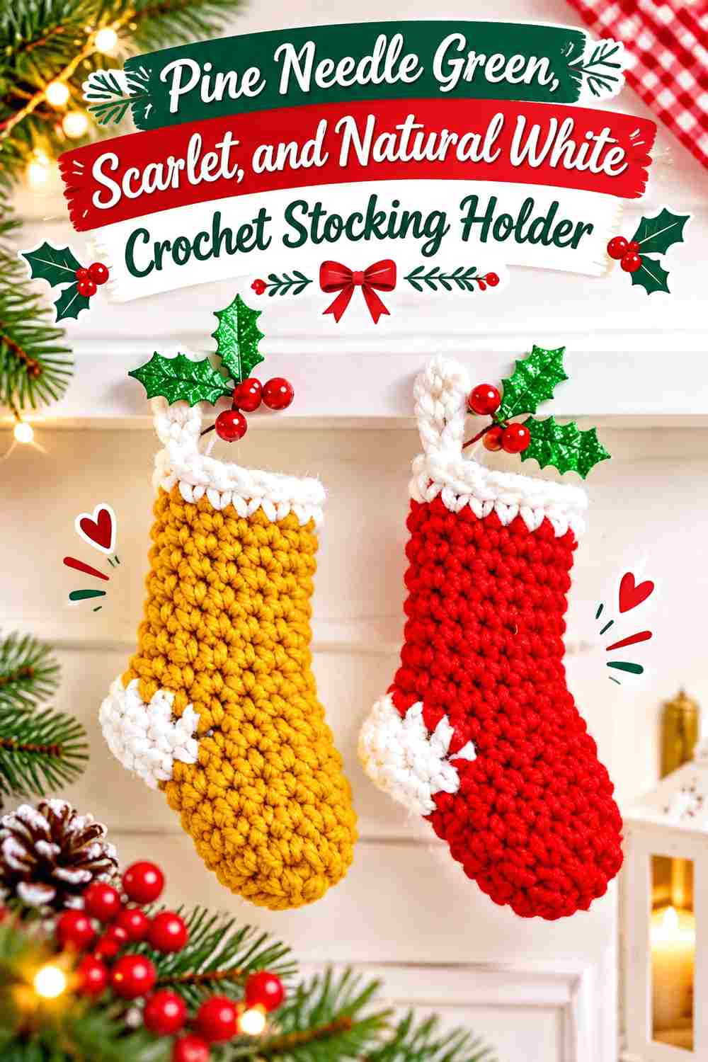 12. Pine Needle Green Scarlet And Natural White Crochet Stocking Holder