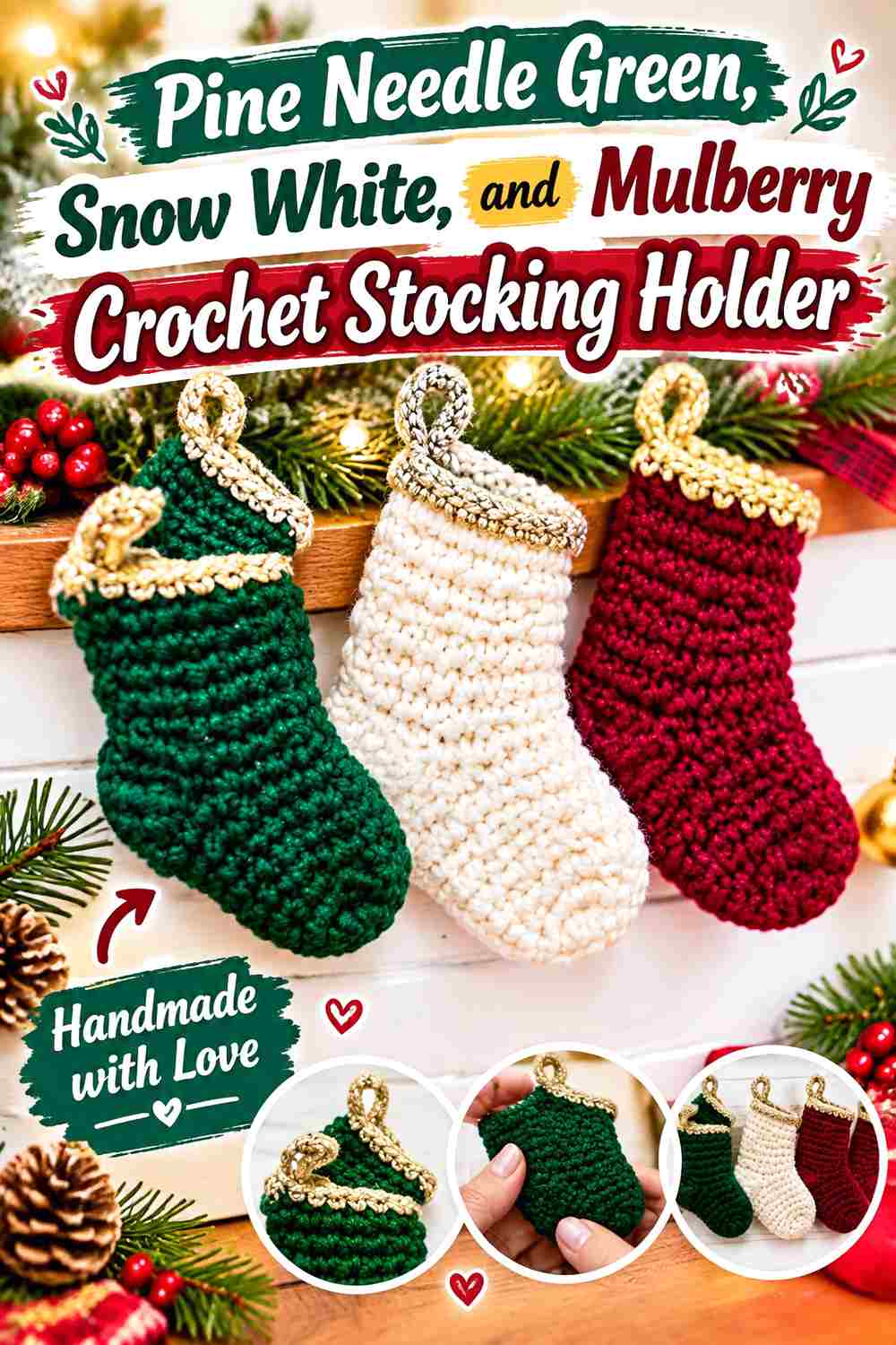 8. Pine Needle Green Snow White And Mulberry Crochet Stocking Holder