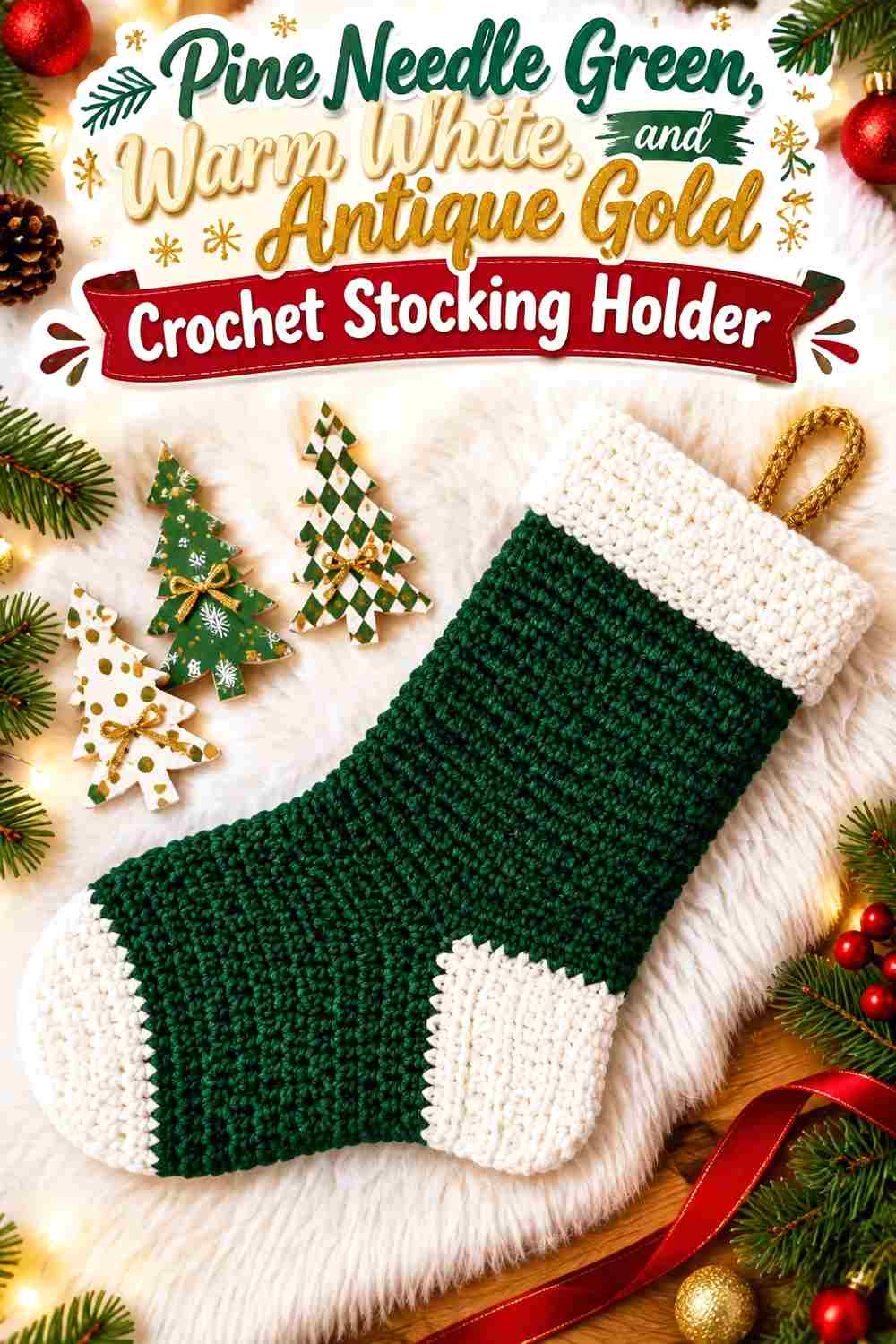3. Pine Needle Green Warm White And Antique Gold Crochet Stocking Holder