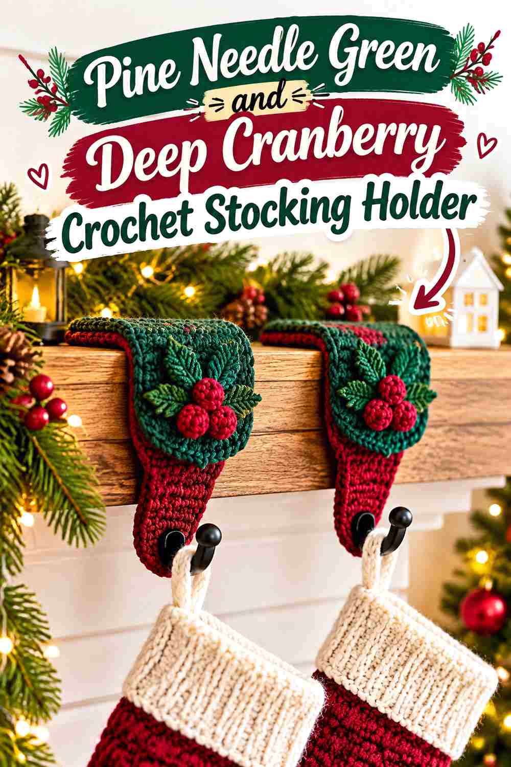 2. Pine Needle Green And Deep Cranberry Crochet Stocking Holder
