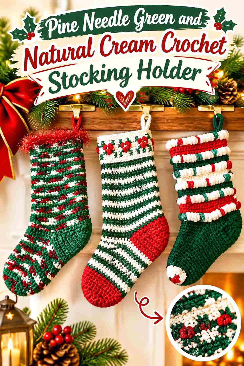 1. Pine Needle Green And Natural Cream Crochet Stocking Holder