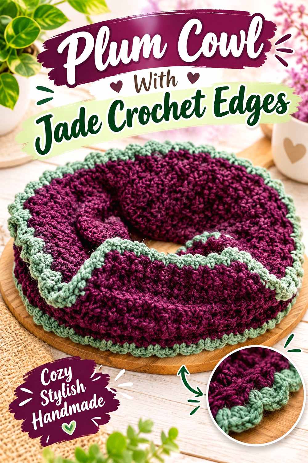 14. Plum Cowl With Jade Crochet Edges