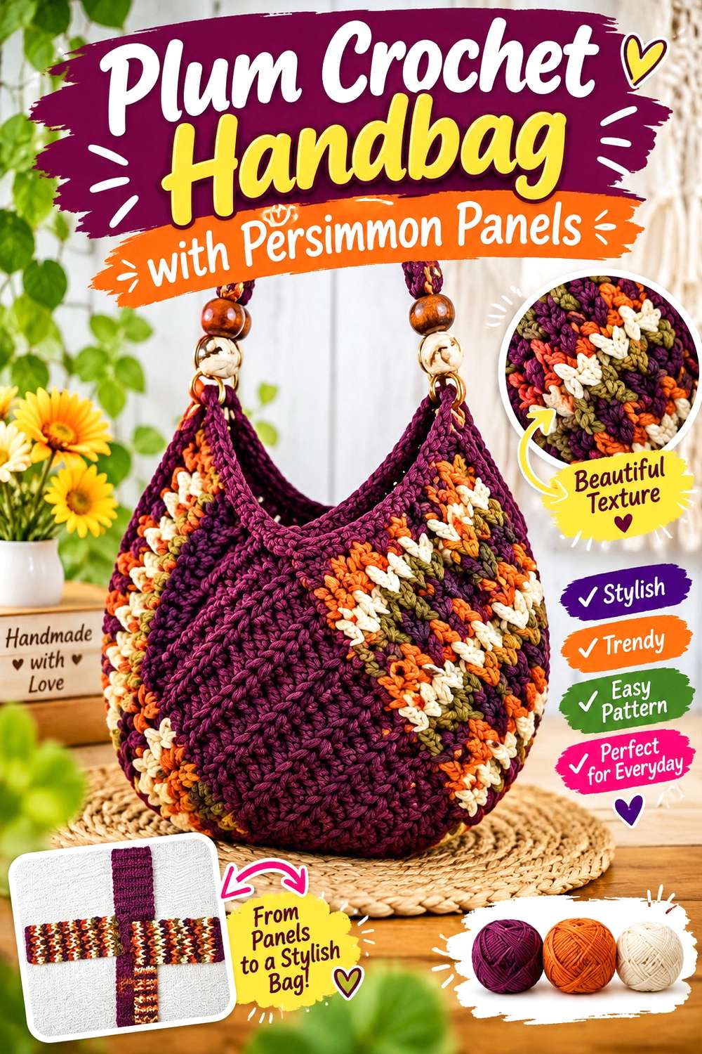 Plum Crochet Handbag with Persimmon Panels