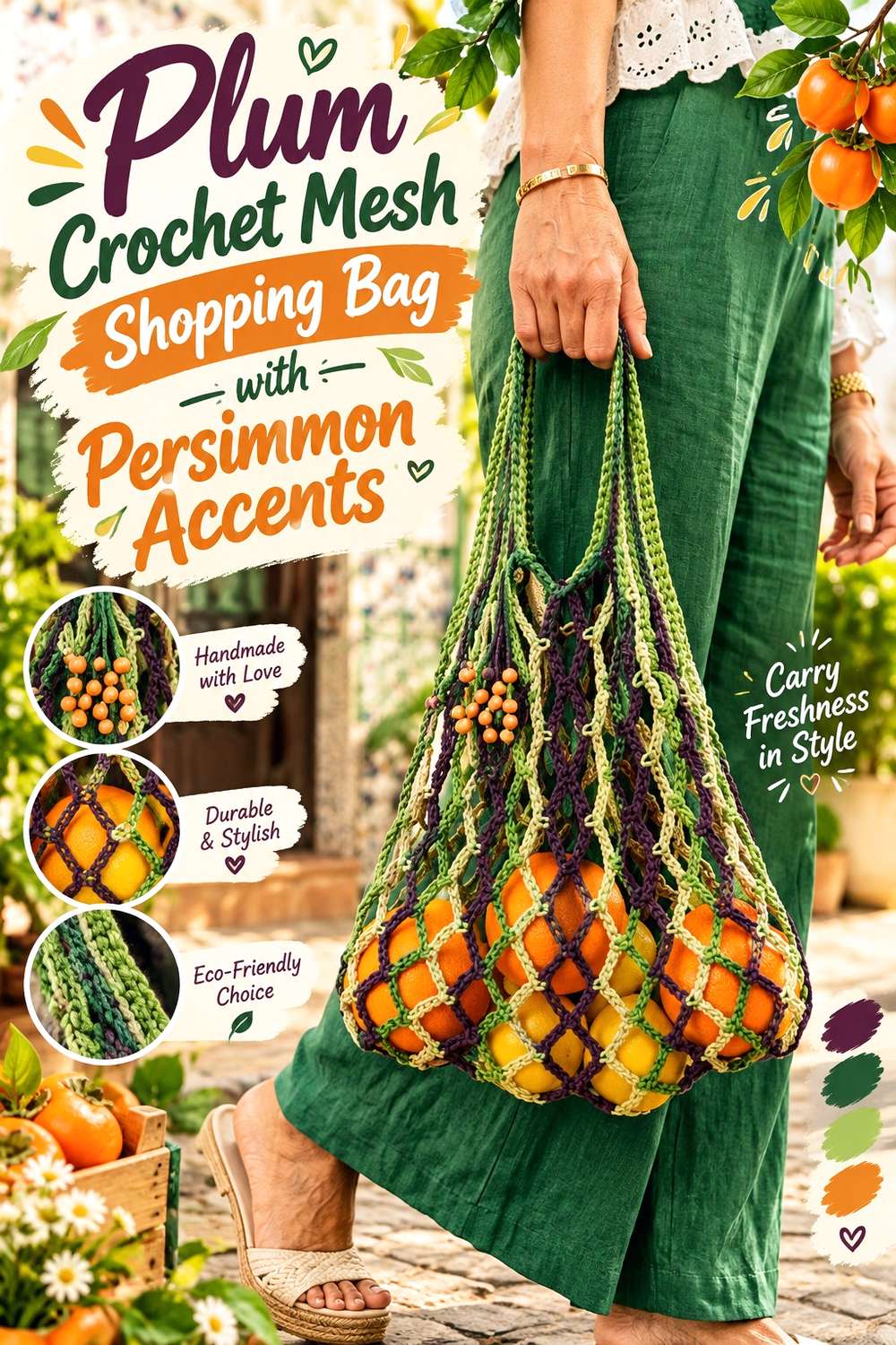 Plum Crochet Mesh Shopping Bag with Persimmon Accents