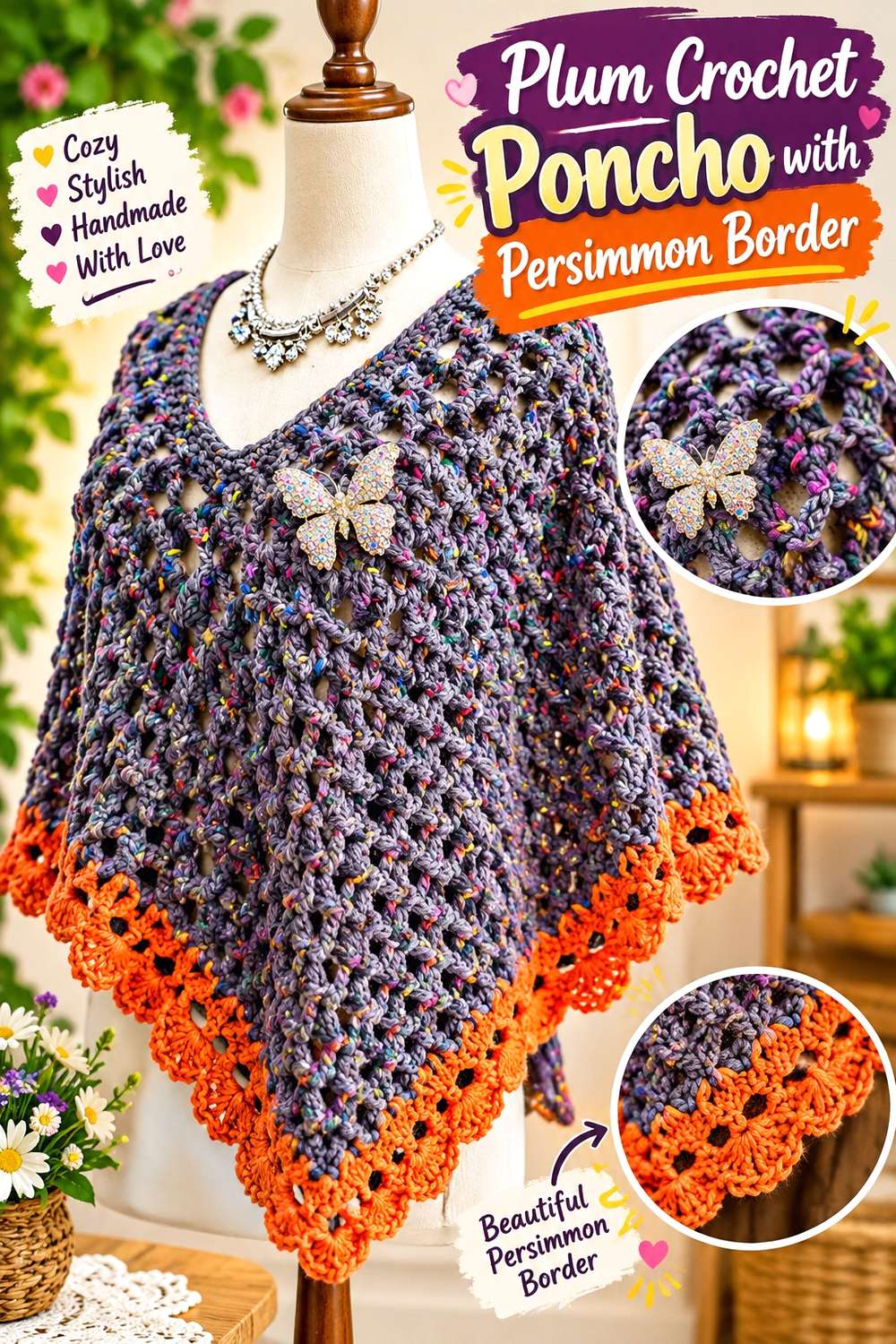 Plum Crochet Poncho with Persimmon Border