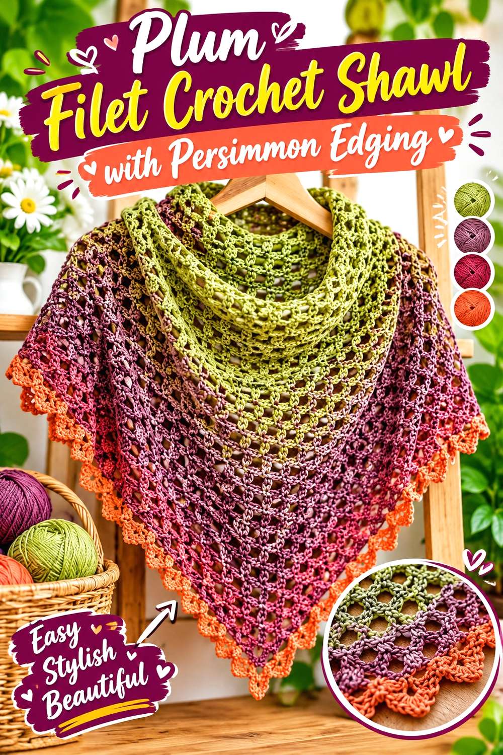 Plum Filet Crochet Shawl with Persimmon Edging