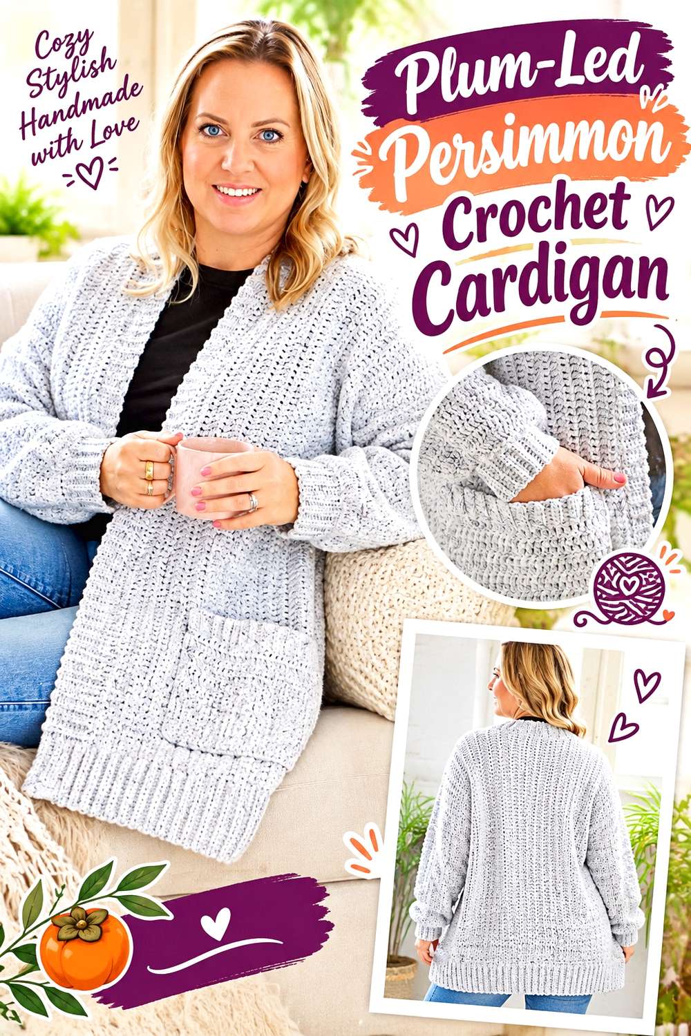 Plum-Led Persimmon Crochet Cardigan
