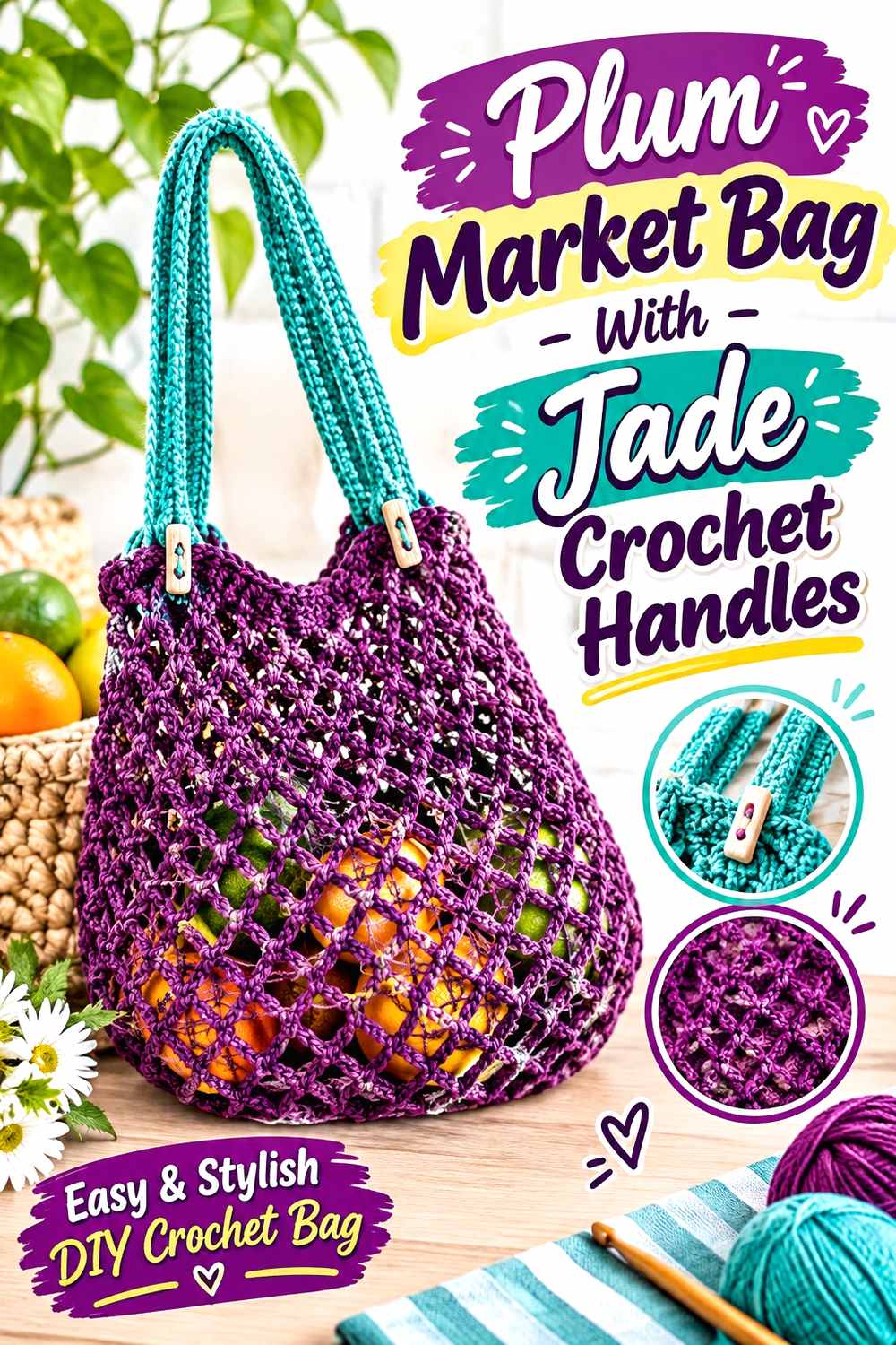 17. Plum Market Bag With Jade Crochet Handles
