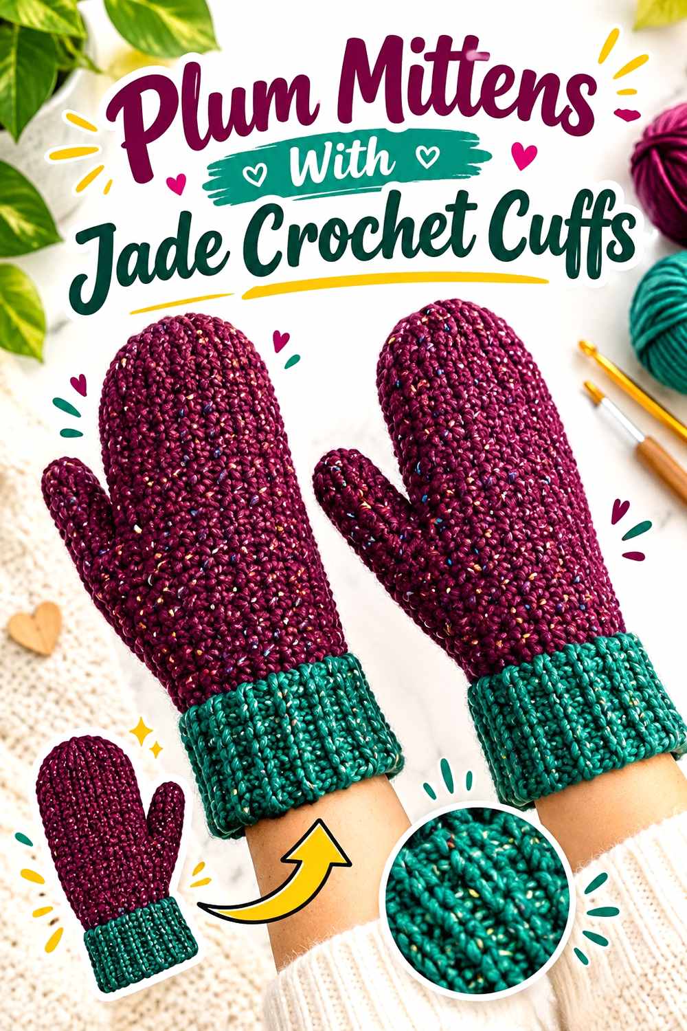 12. Plum Mittens With Jade Crochet Cuffs