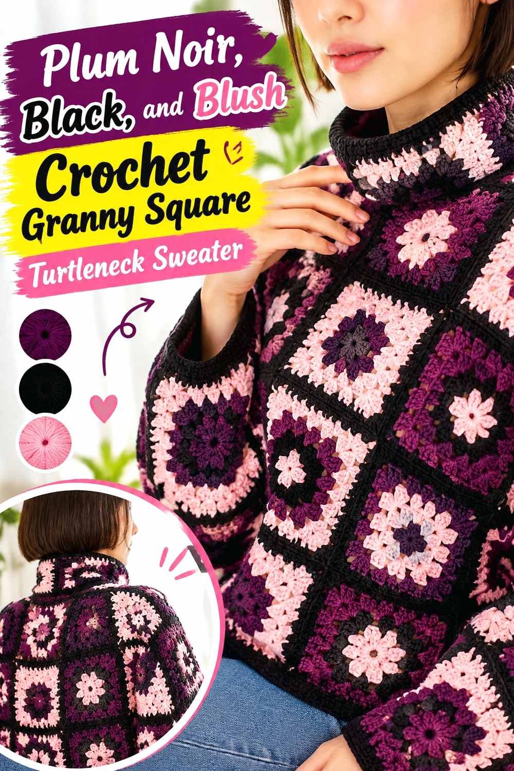 9. Plum Noir Black And Blush Crochet Granny Square Turtleneck Sweater